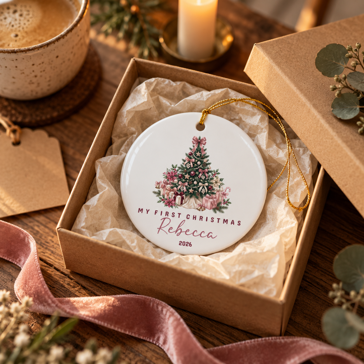 Personalized Christmas tree first Christmas ornament in a kraft gift box with tissue paper