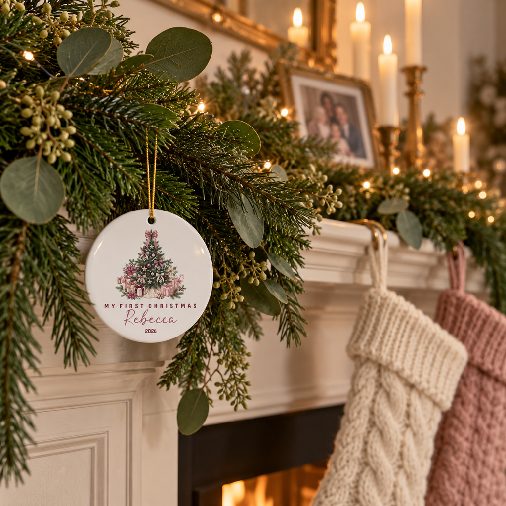 Christmas tree with gifts first Christmas ornament hanging from a pine garland on a fireplace mantel with stockings