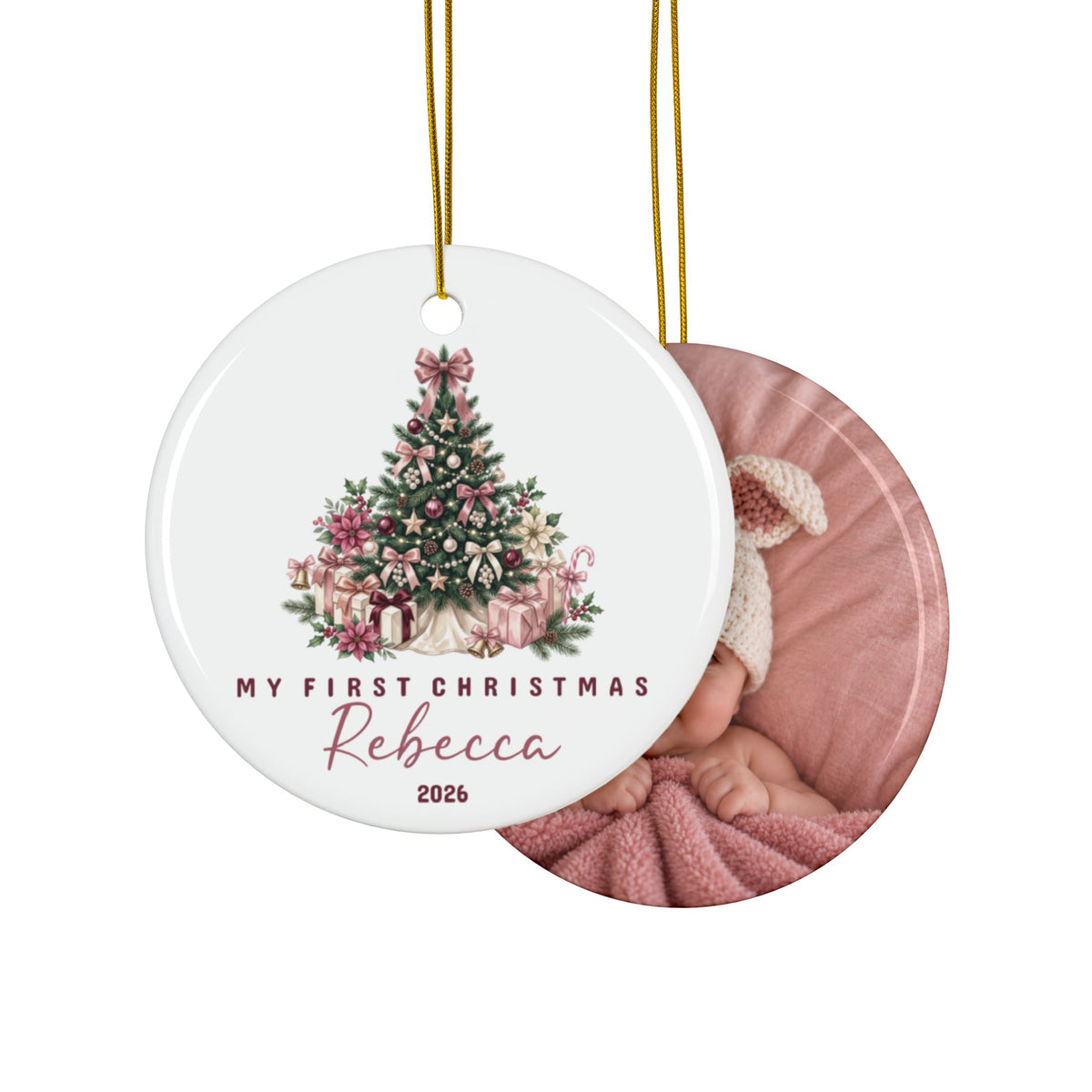 Double-sided Christmas tree first Christmas ornament with baby photo on the back
