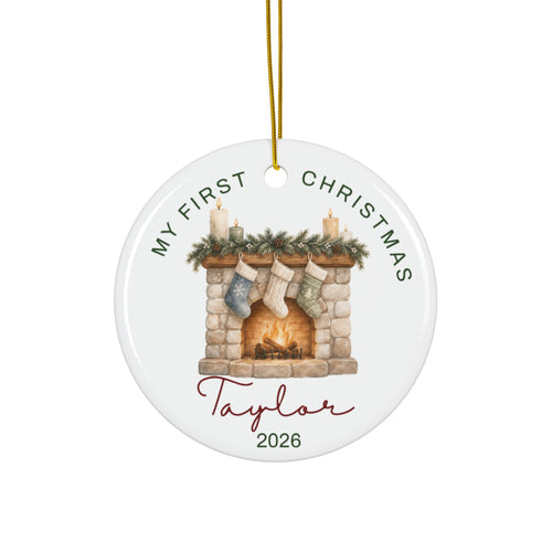 Personalized baby's first Christmas ornament with a fireplace, stockings and candles, baby name and 2026