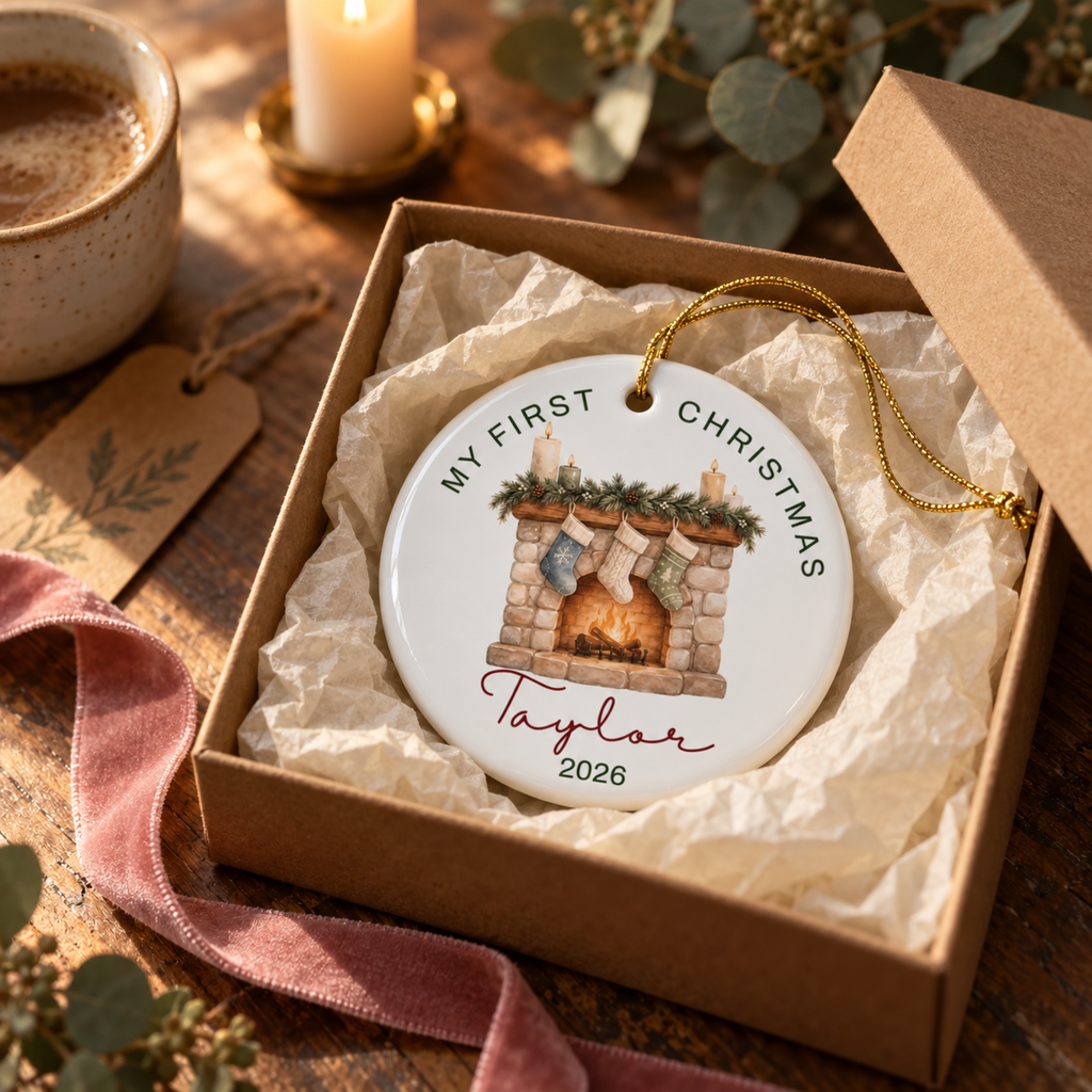 Personalized fireplace first Christmas ornament in a kraft gift box with tissue paper