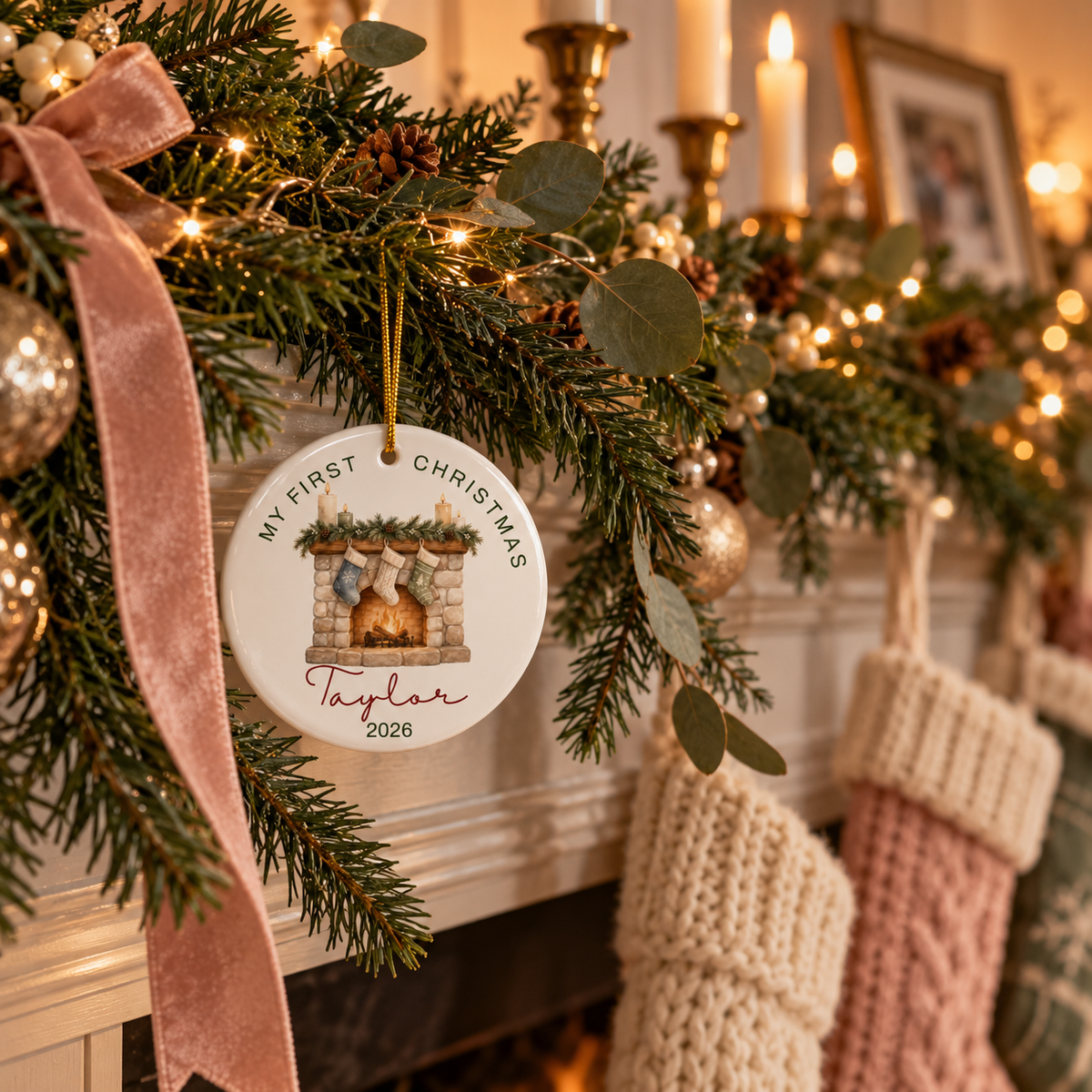 Fireplace first Christmas ornament hanging from a pine garland on a fireplace mantel with stockings