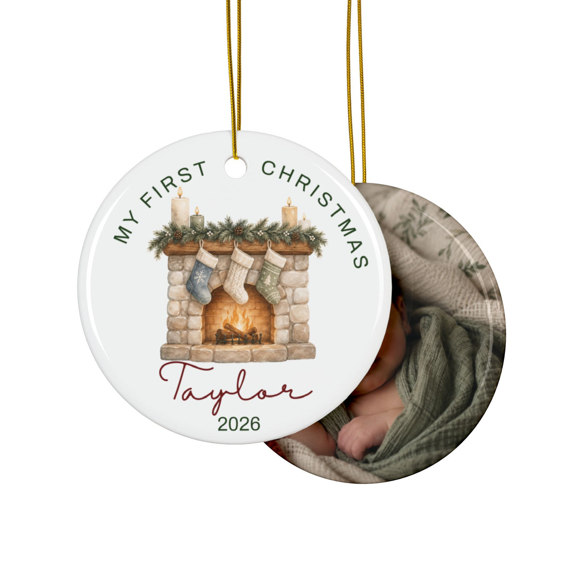 Double-sided fireplace first Christmas ornament with baby photo on the back
