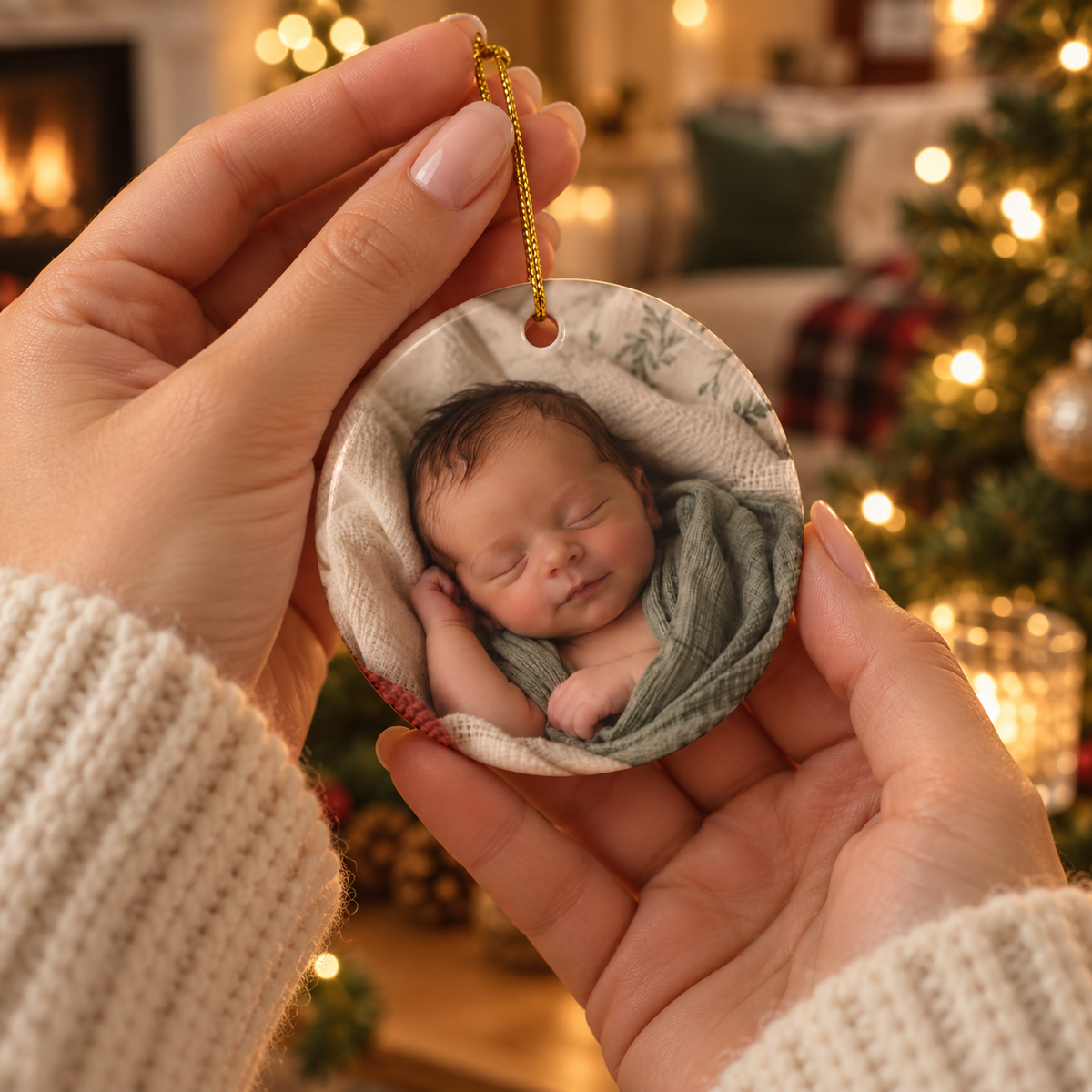 Hands holding the fireplace first Christmas ornament with a baby photo on the back