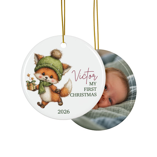 Double-sided fox first Christmas ornament with baby photo on the back