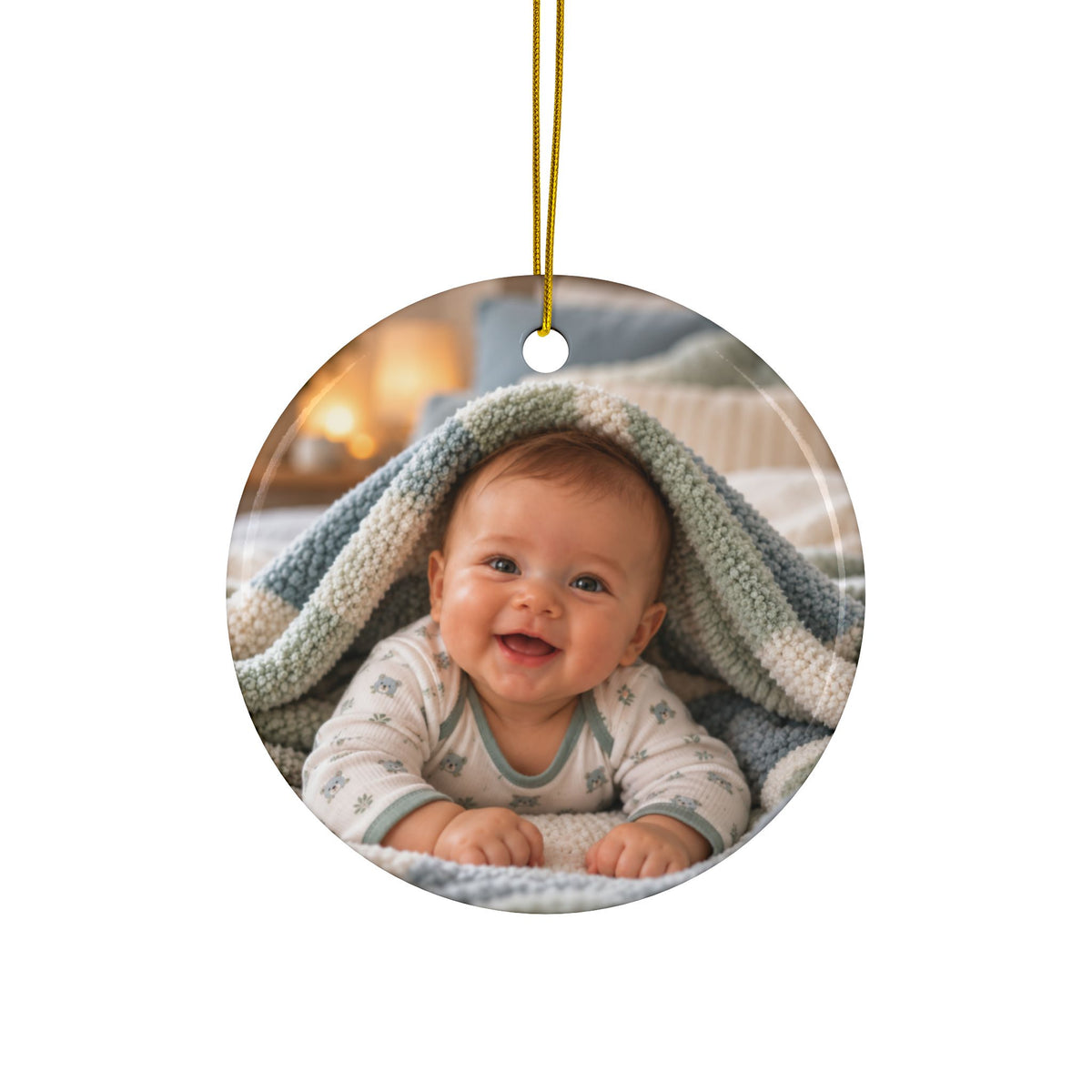 Back of the gingerbread boy first Christmas ornament, printed with your own baby photo