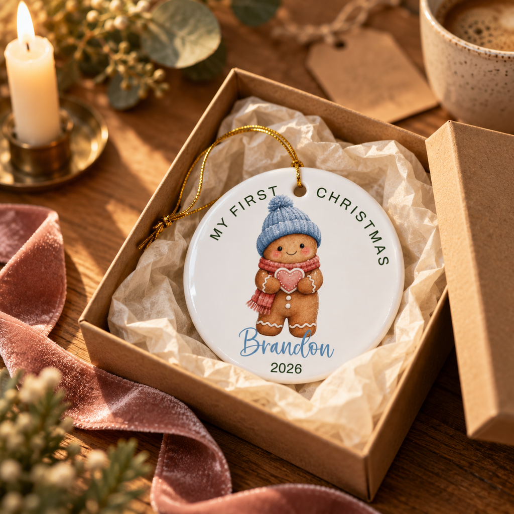 Personalized gingerbread boy first Christmas ornament in a kraft gift box with tissue paper