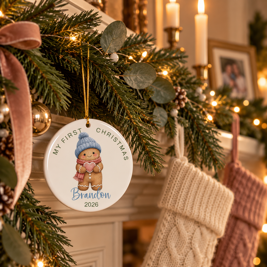 Gingerbread boy first Christmas ornament hanging from a pine garland on a fireplace mantel with stockings