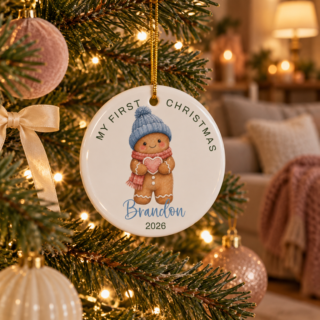 Gingerbread boy first Christmas ornament hanging on a lit Christmas tree
