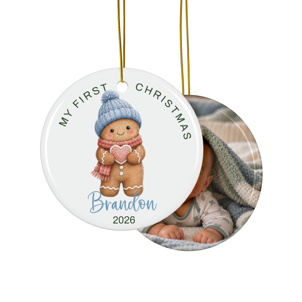 Double-sided gingerbread boy first Christmas ornament with baby photo on the back