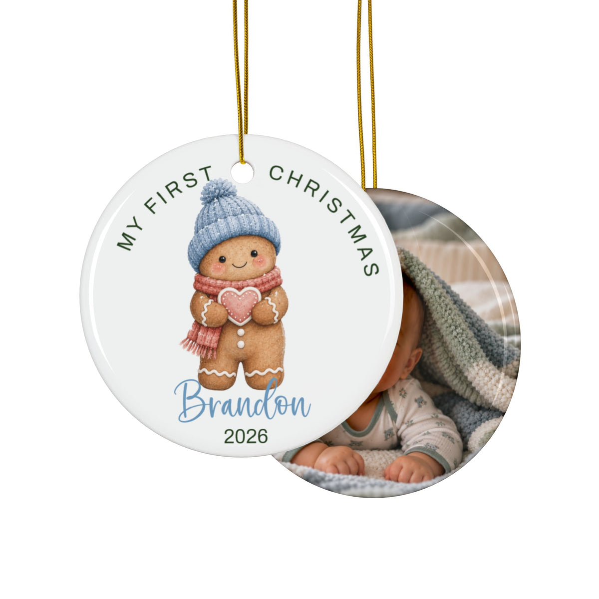 Double-sided gingerbread boy first Christmas ornament with baby photo on the back
