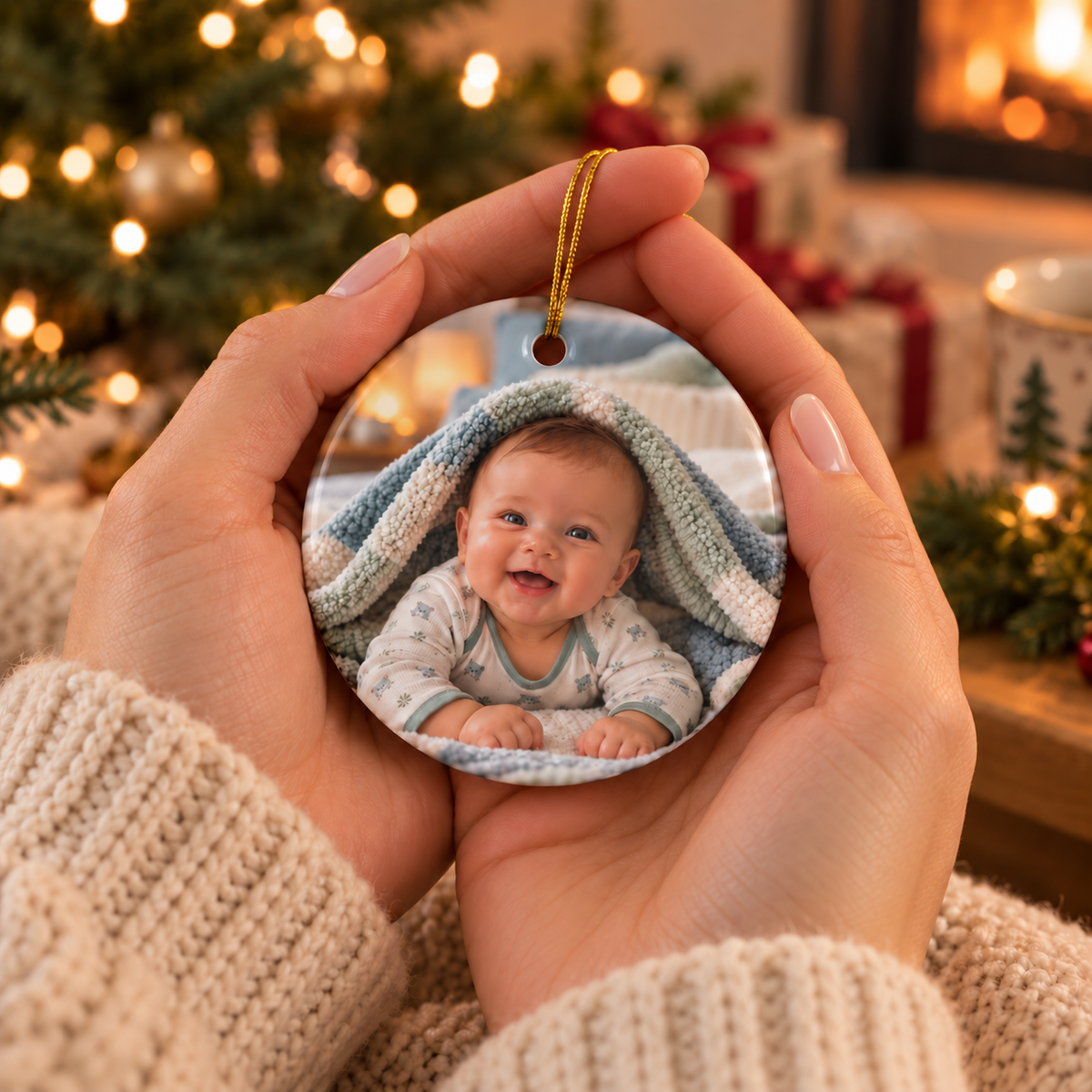 Hands holding the gingerbread boy first Christmas ornament with a baby photo on the back
