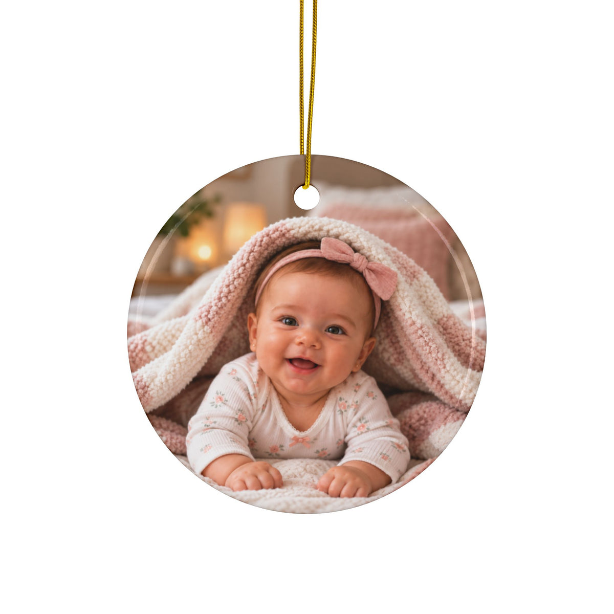 Back of the gingerbread girl first Christmas ornament, printed with your own baby photo