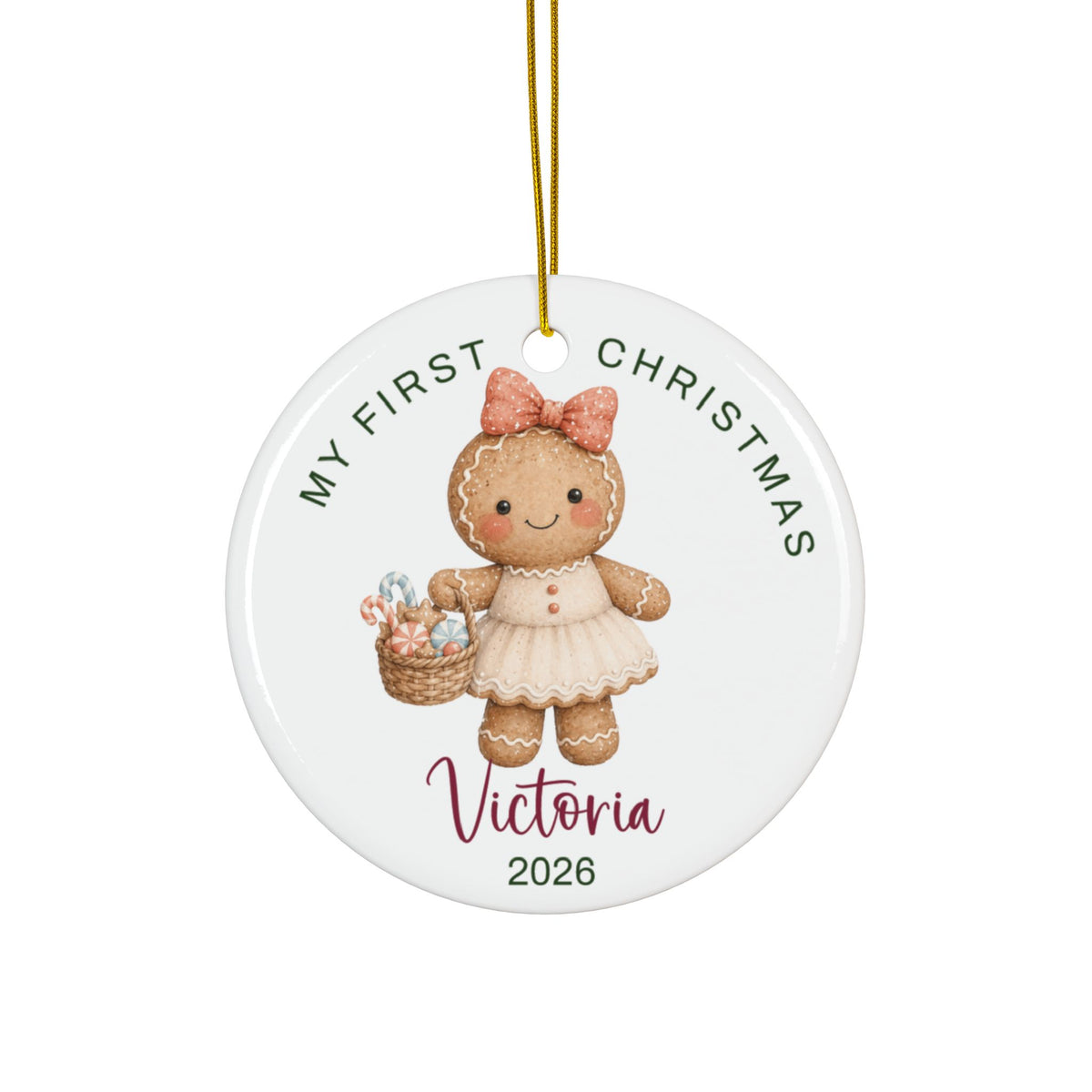 Personalized baby's first Christmas ornament with a gingerbread girl with pink bow, baby name and 2026