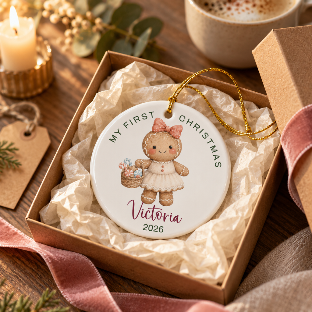 Personalized gingerbread girl first Christmas ornament in a kraft gift box with tissue paper