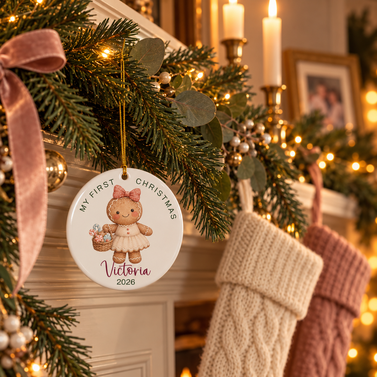 Gingerbread girl first Christmas ornament hanging from a pine garland on a fireplace mantel with stockings