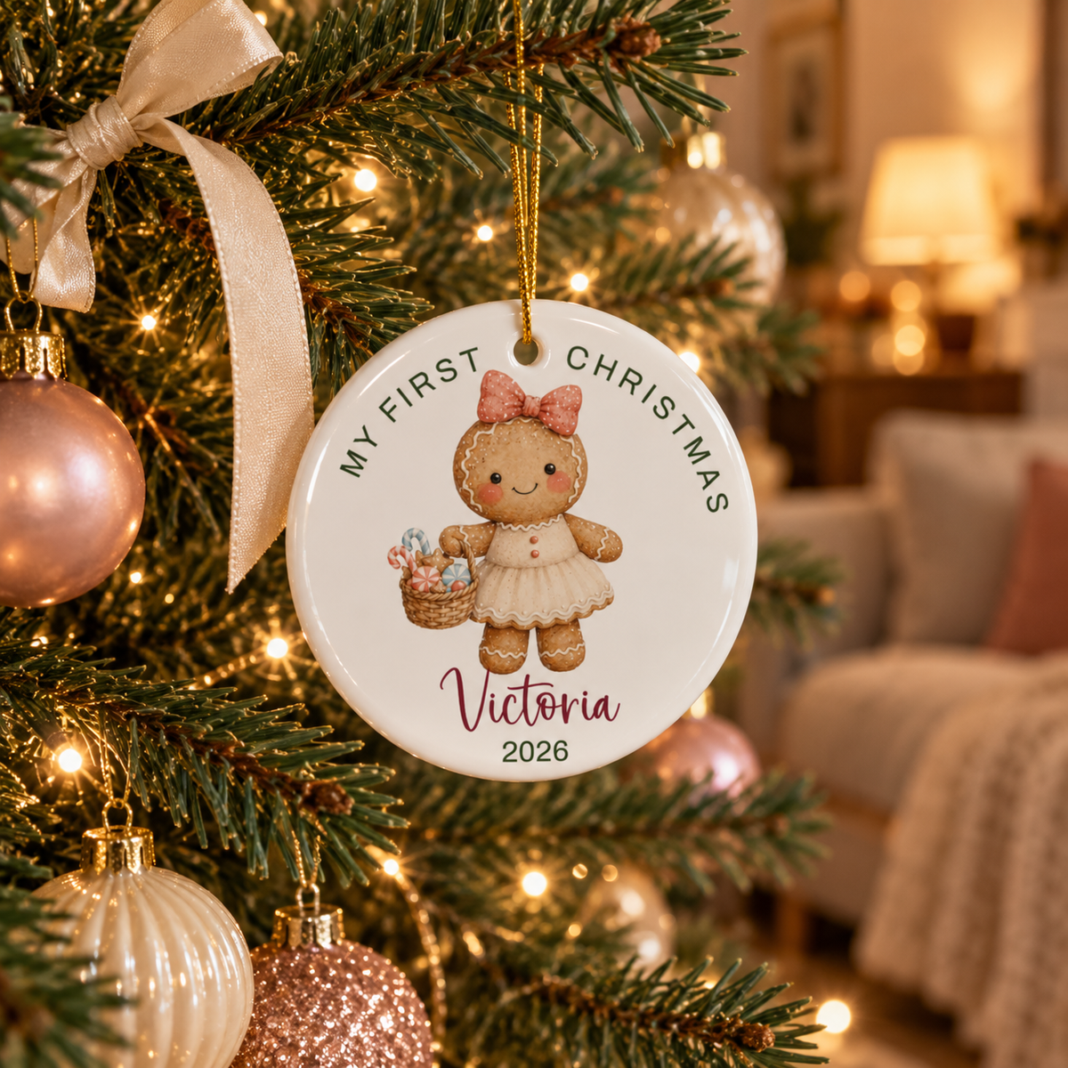 Gingerbread girl first Christmas ornament hanging on a lit Christmas tree