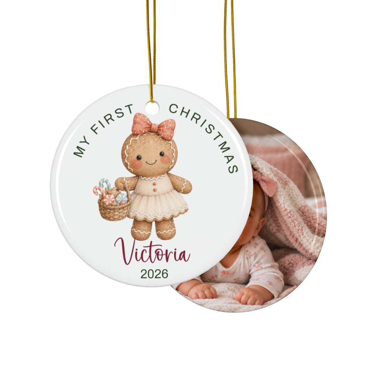 Double-sided gingerbread girl first Christmas ornament with baby photo on the back