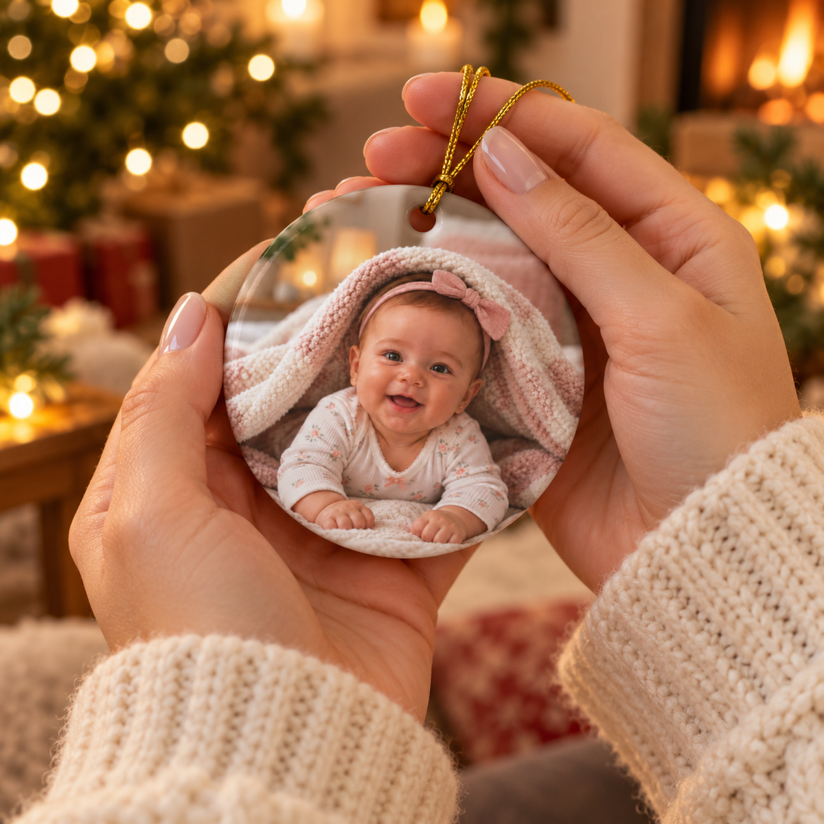 Hands holding the gingerbread girl first Christmas ornament with a baby photo on the back