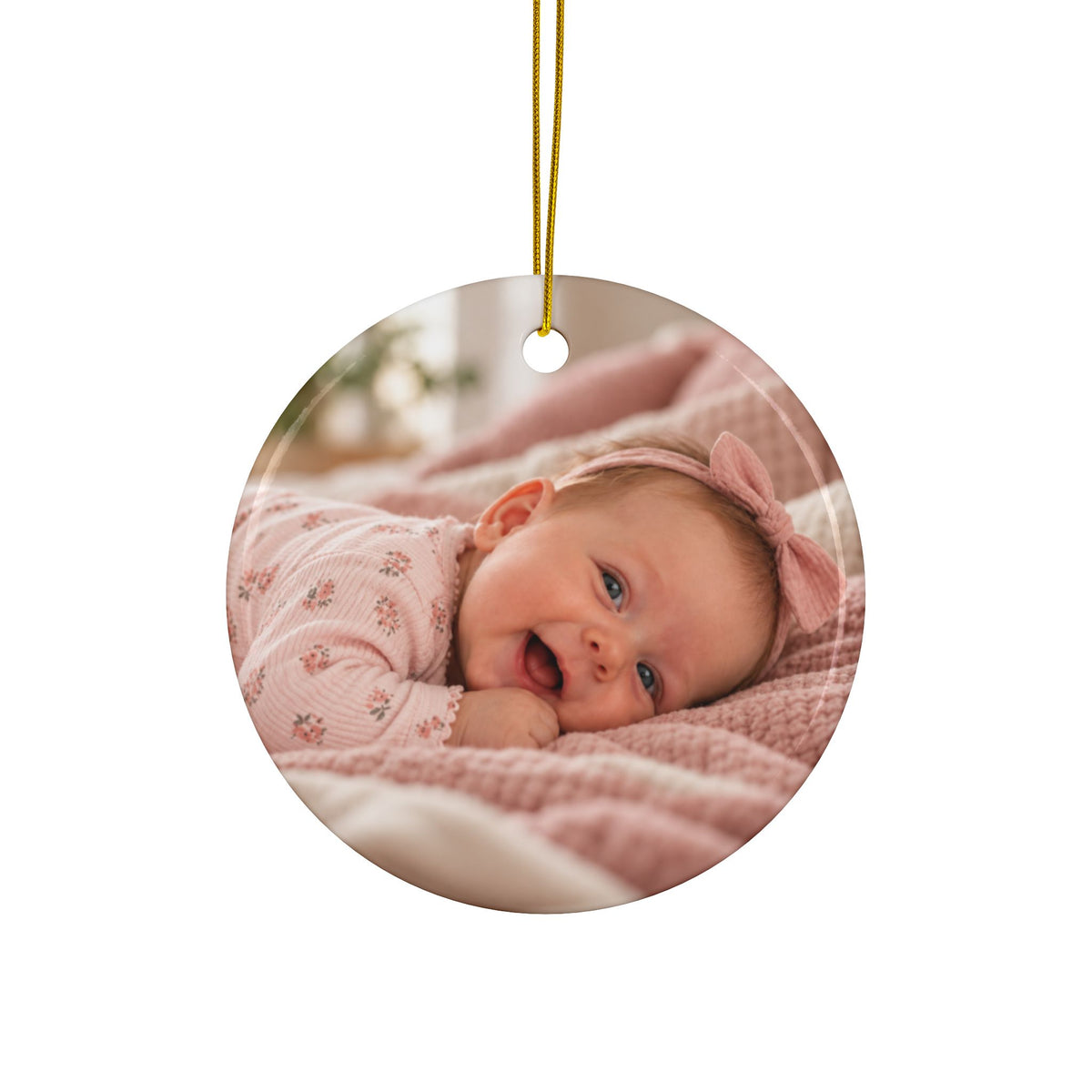 Back of the gingerbread house first Christmas ornament, printed with your own baby photo