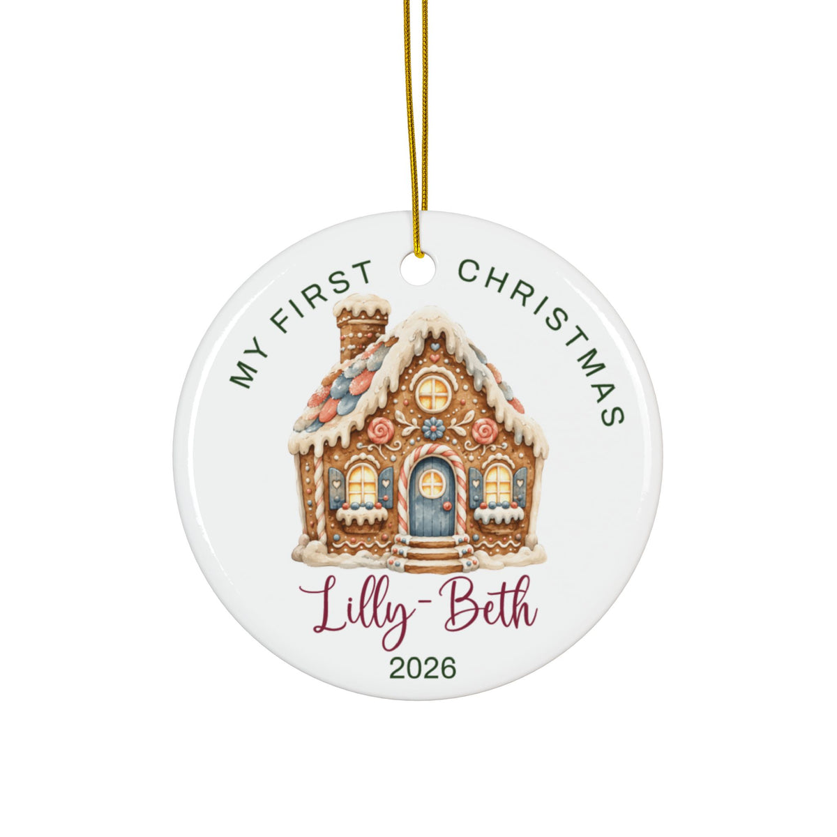 Personalized baby's first Christmas ornament with a frosted gingerbread house, baby name and 2026