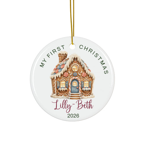 Personalized baby's first Christmas ornament with a frosted gingerbread house, baby name and 2026