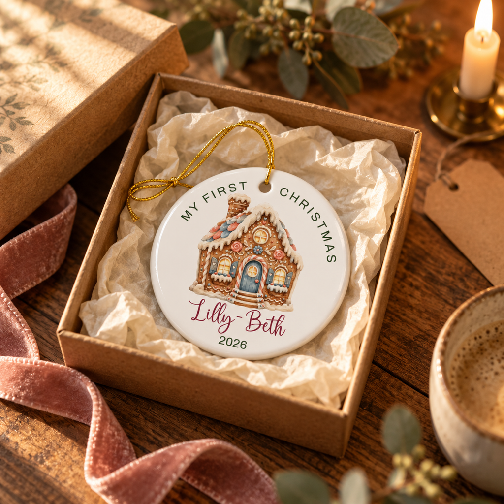 Personalized gingerbread house first Christmas ornament in a kraft gift box with tissue paper