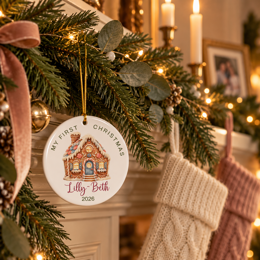 Gingerbread house first Christmas ornament hanging from a pine garland on a fireplace mantel with stockings
