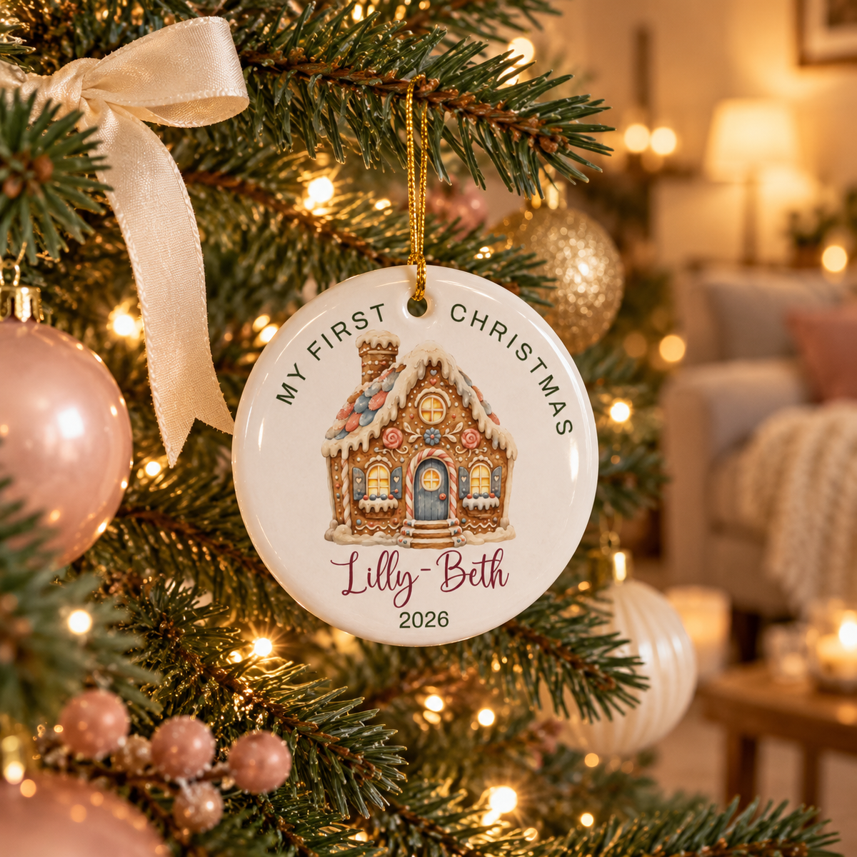 Gingerbread house first Christmas ornament hanging on a lit Christmas tree