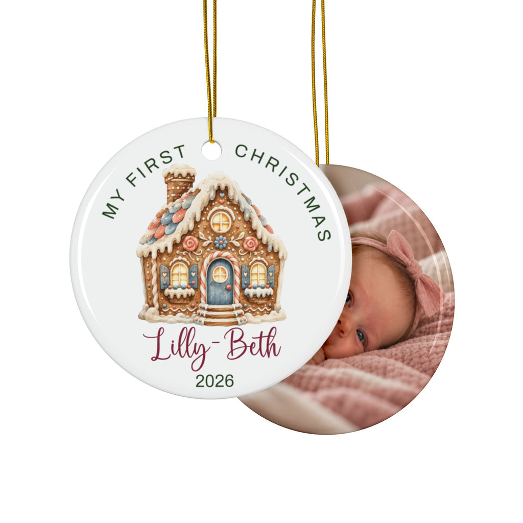 Double-sided gingerbread house first Christmas ornament with baby photo on the back