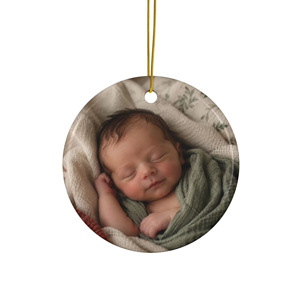 Back of the gingerbread village first Christmas ornament, printed with your own baby photo