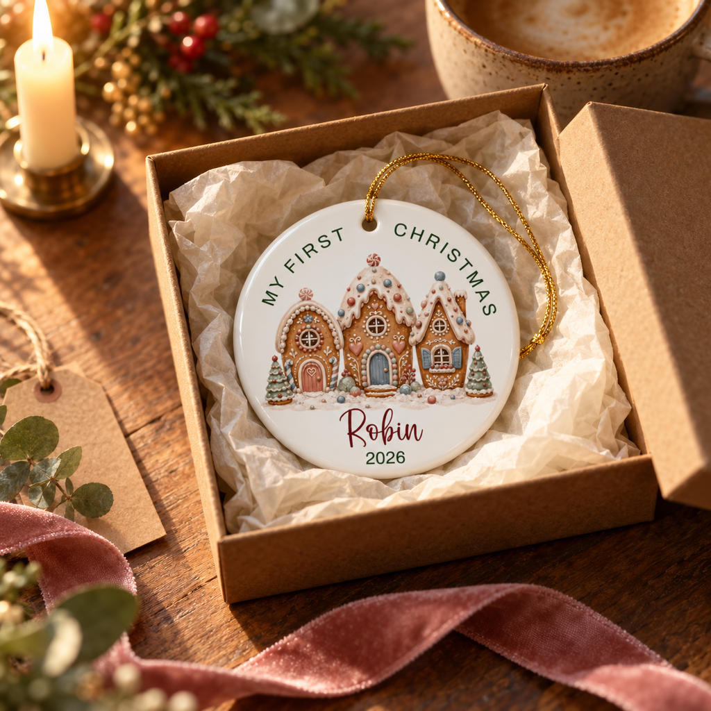 Personalized gingerbread village first Christmas ornament in a kraft gift box with tissue paper