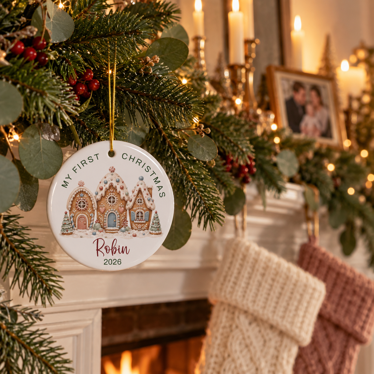 Gingerbread village first Christmas ornament hanging from a pine garland on a fireplace mantel with stockings