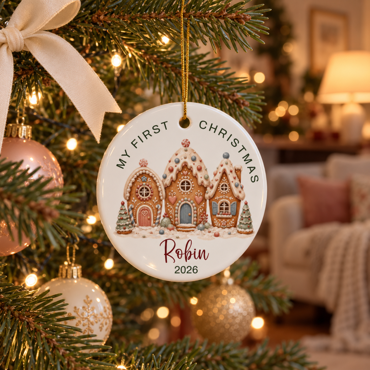Gingerbread village first Christmas ornament hanging on a lit Christmas tree