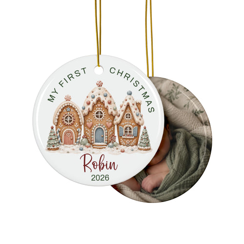 Double-sided gingerbread village first Christmas ornament with baby photo on the back