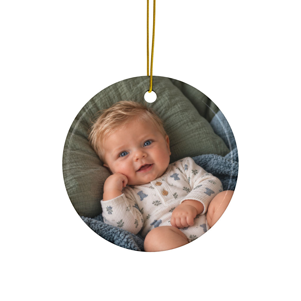 Back of the giraffe first Christmas ornament, printed with your own baby photo
