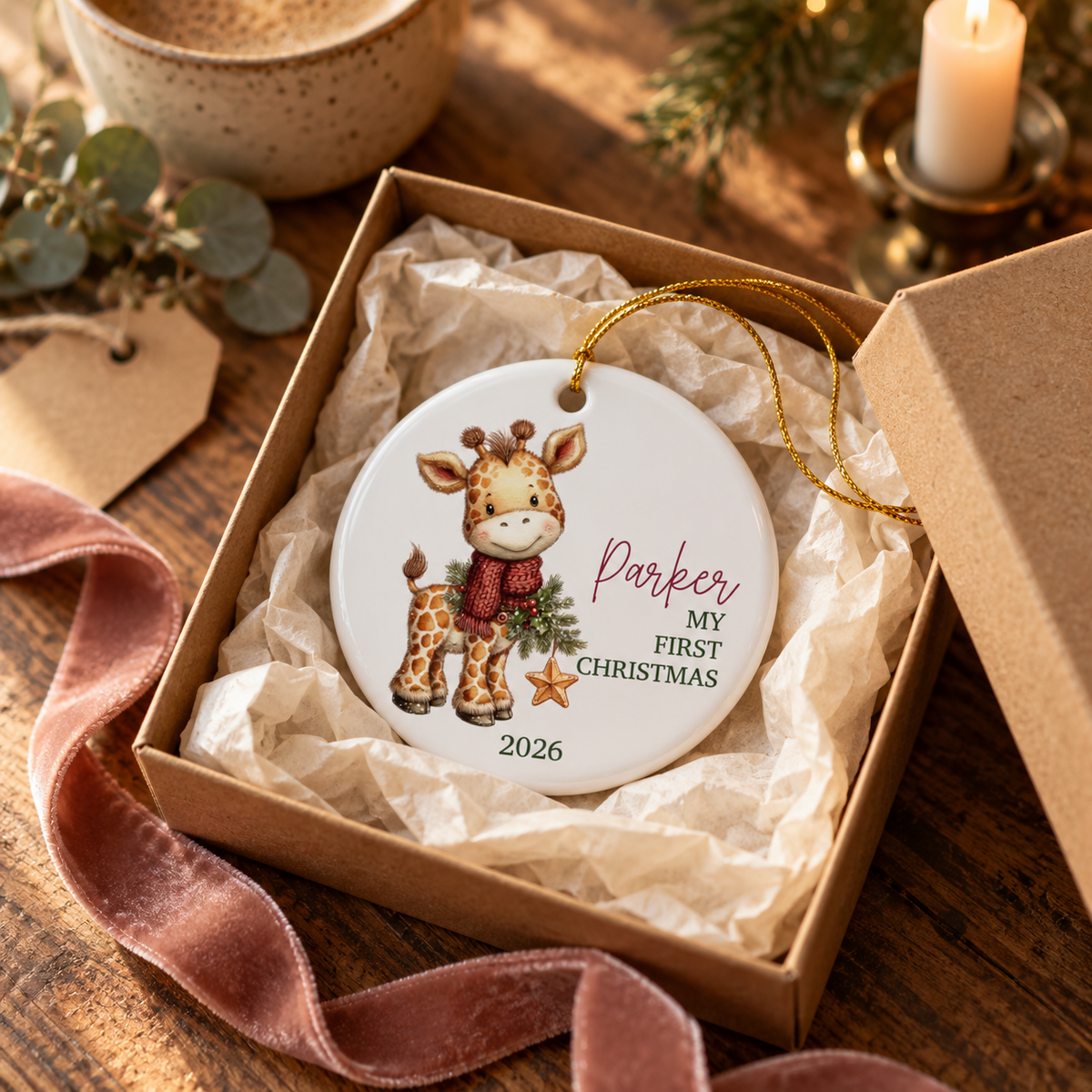 Personalized giraffe first Christmas ornament in a kraft gift box with tissue paper