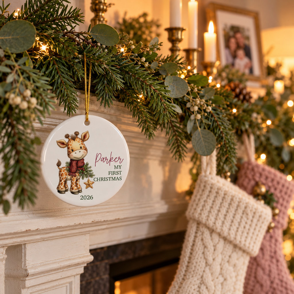 Giraffe first Christmas ornament hanging from a pine garland on a fireplace mantel with stockings