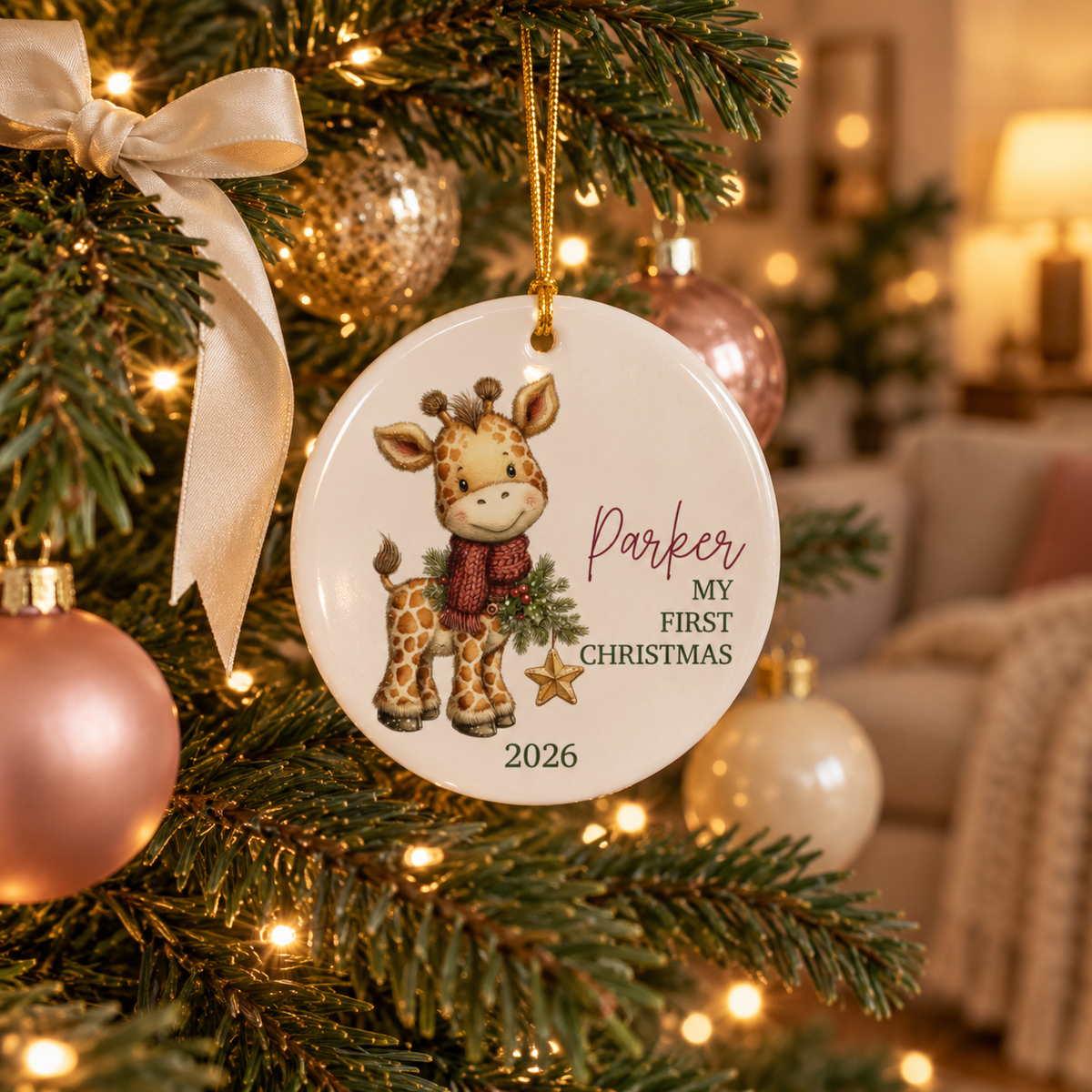 Giraffe first Christmas ornament hanging on a lit Christmas tree
