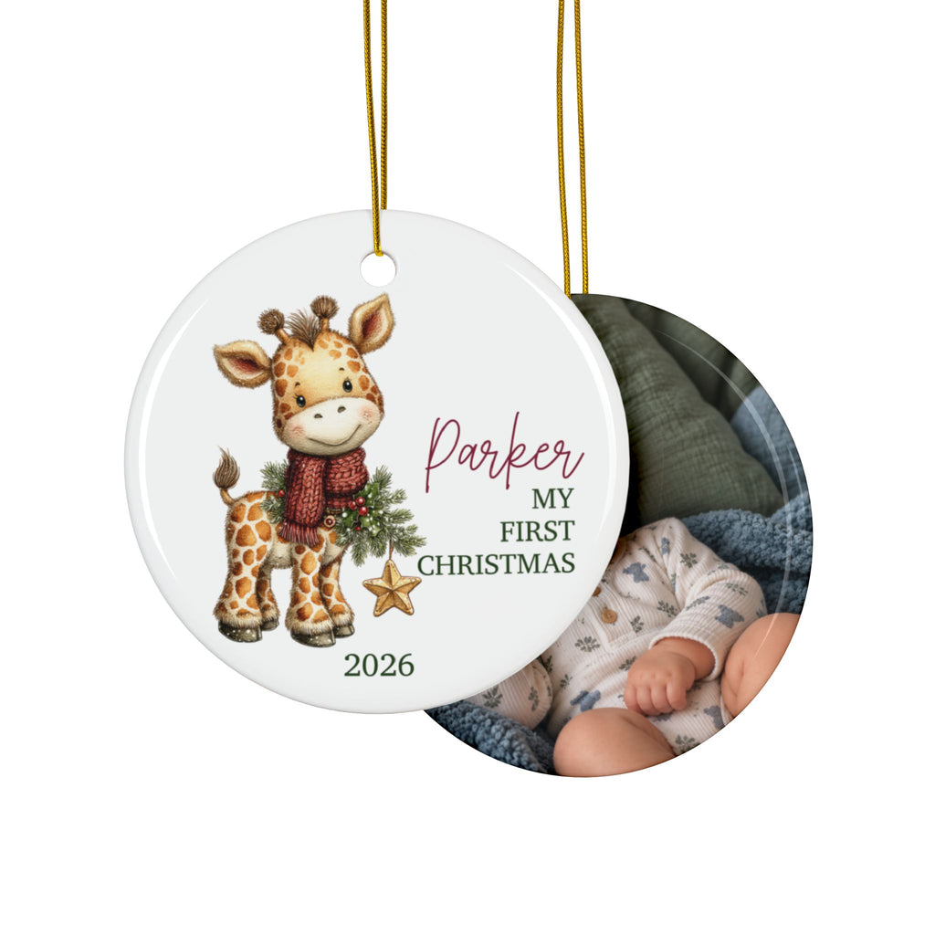 Double-sided giraffe first Christmas ornament with baby photo on the back