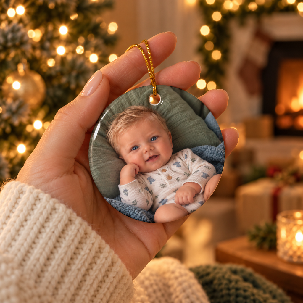 Hands holding the giraffe first Christmas ornament with a baby photo on the back