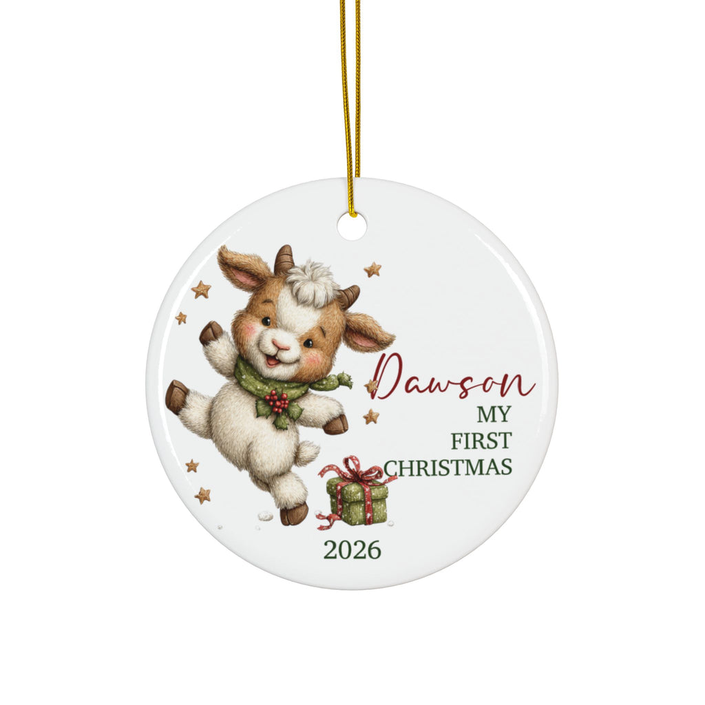 Personalized baby's first Christmas ornament with leaping goat and gift, baby name and 2026