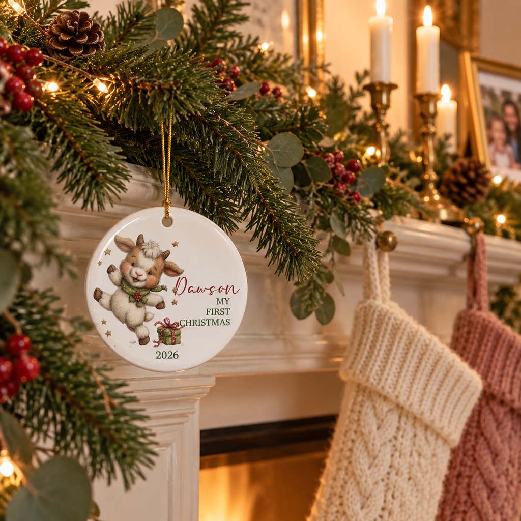 Goat first Christmas ornament hanging from a pine garland on a fireplace mantel with stockings