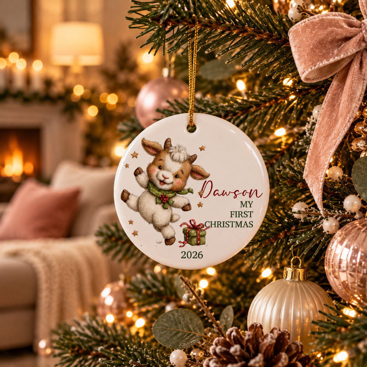 Goat first Christmas ornament hanging on a Christmas tree
