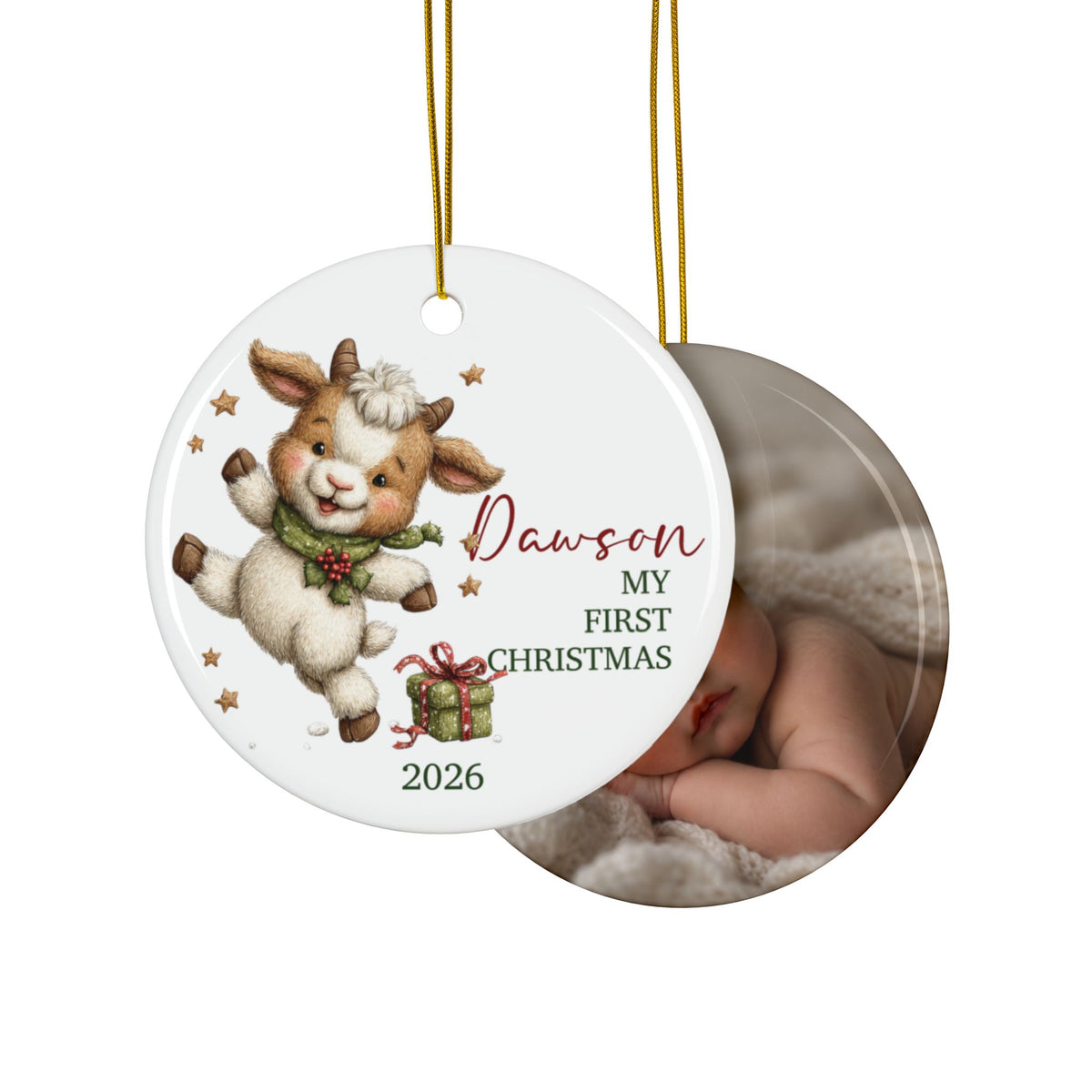 Double-sided goat first Christmas ornament with baby photo on the back