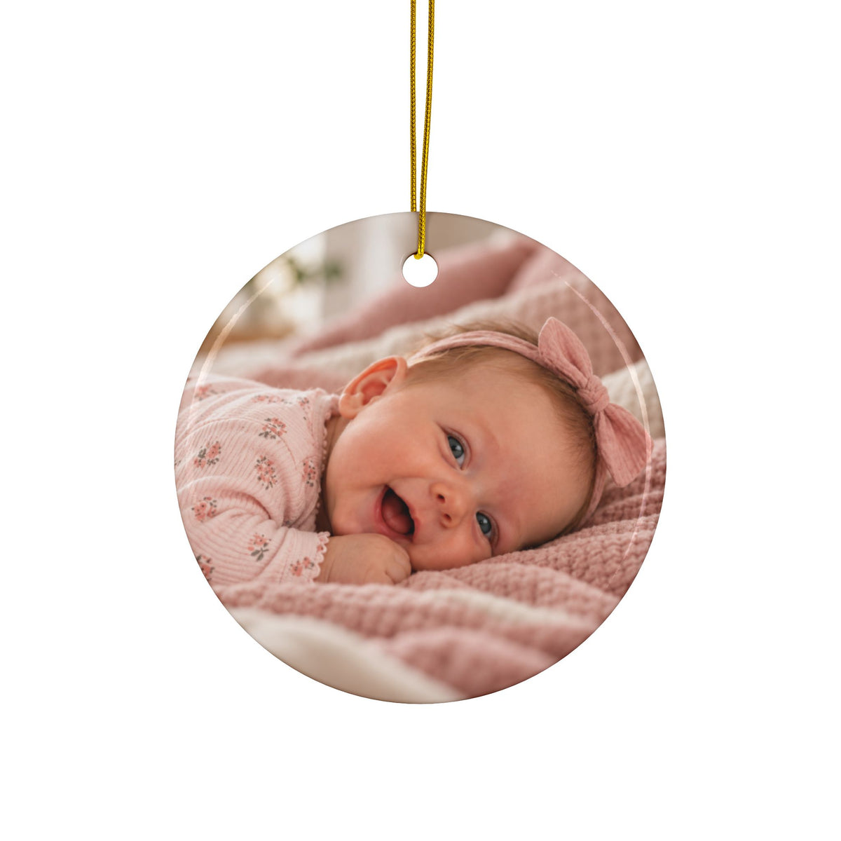 Back of the golden bells first Christmas ornament, printed with your own baby photo