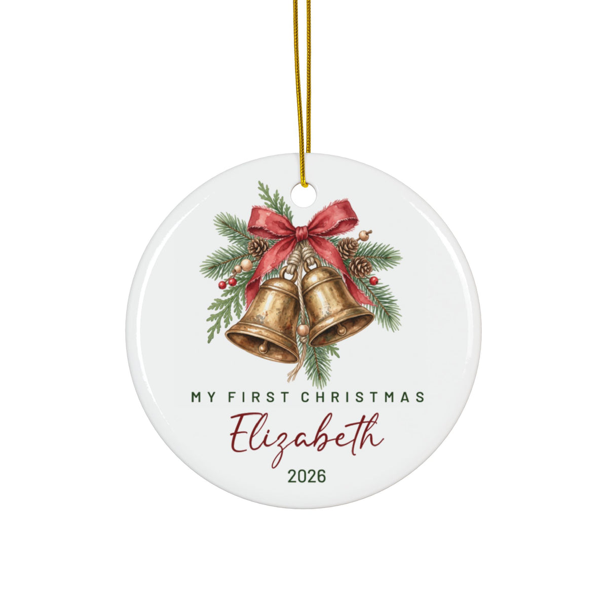 Personalized baby's first Christmas ornament with golden bells, red bow and pine, baby name and 2026