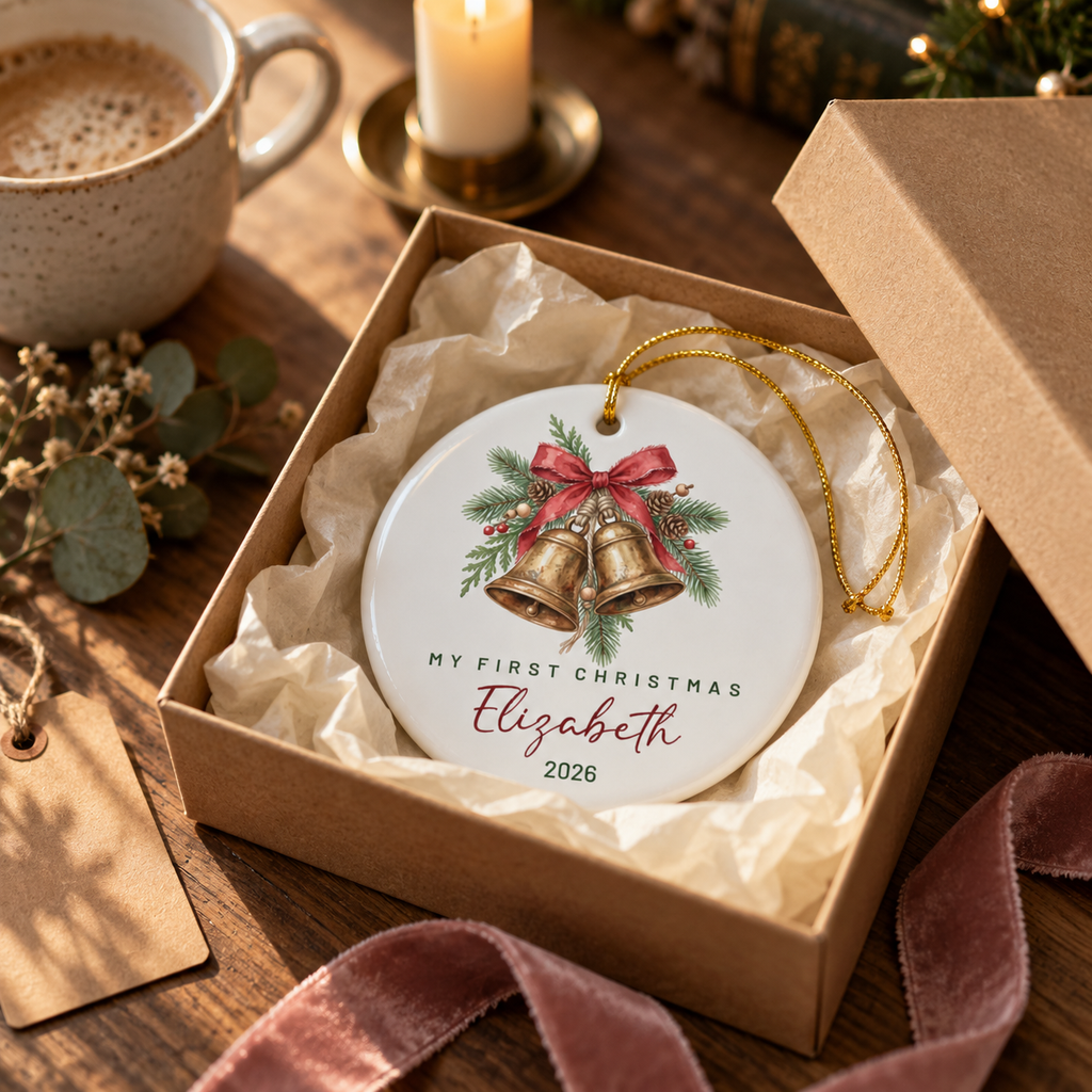 Personalized golden bells first Christmas ornament in a kraft gift box with tissue paper
