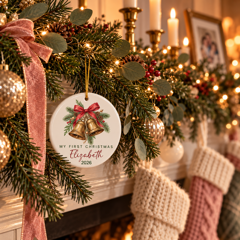 Golden bells first Christmas ornament hanging from a pine garland on a fireplace mantel with stockings