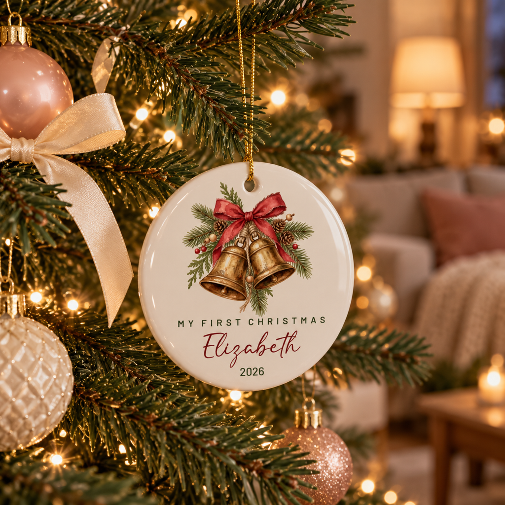 Golden bells first Christmas ornament hanging on a lit Christmas tree